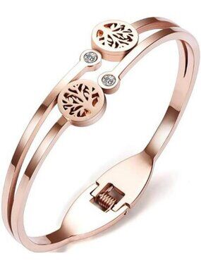 Rose Gold Stainless Steel Tree of Life Bangle Bracelet